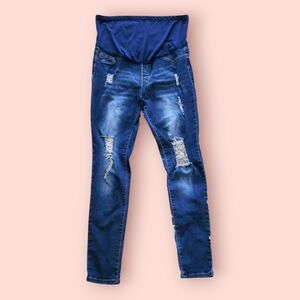 Stylish Blue Denim Ripped Distressed Maternity Jeans (Size L)